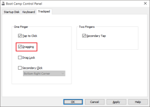 Boot Camp Control Panel - TrackPad - One Finger Dragging
