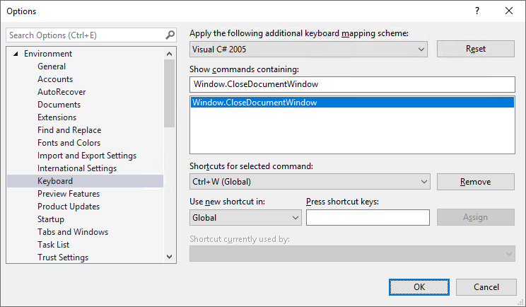 Visual Studio Options - Keyboard shortcut for Windows.CloseDocumentWindow is set to Ctrl_W (Global)