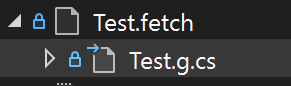 Screenshot of Solution Explorer showing that a ".fetch" file has a code-behind file nested under it.