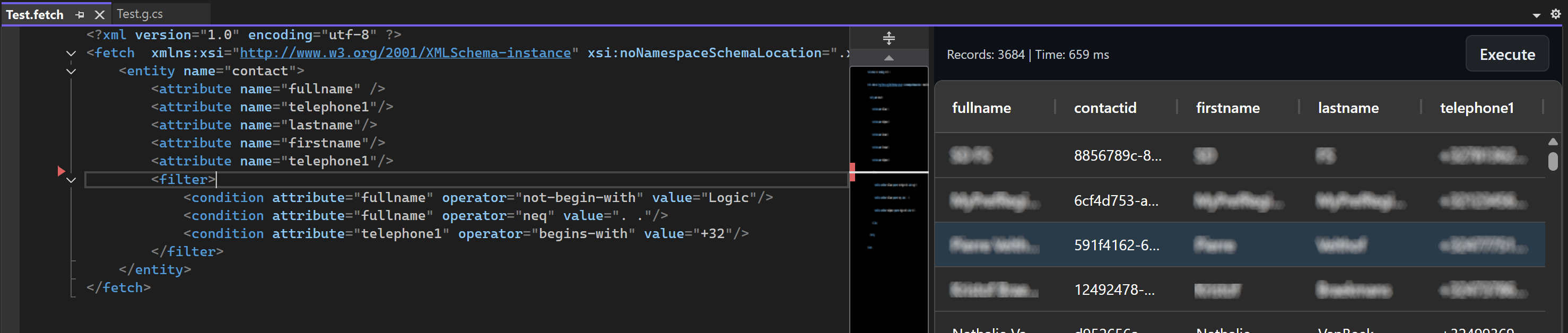 Screenshot of FetchXML editor in Visual Studio showing a live split-view on the right side of the query.