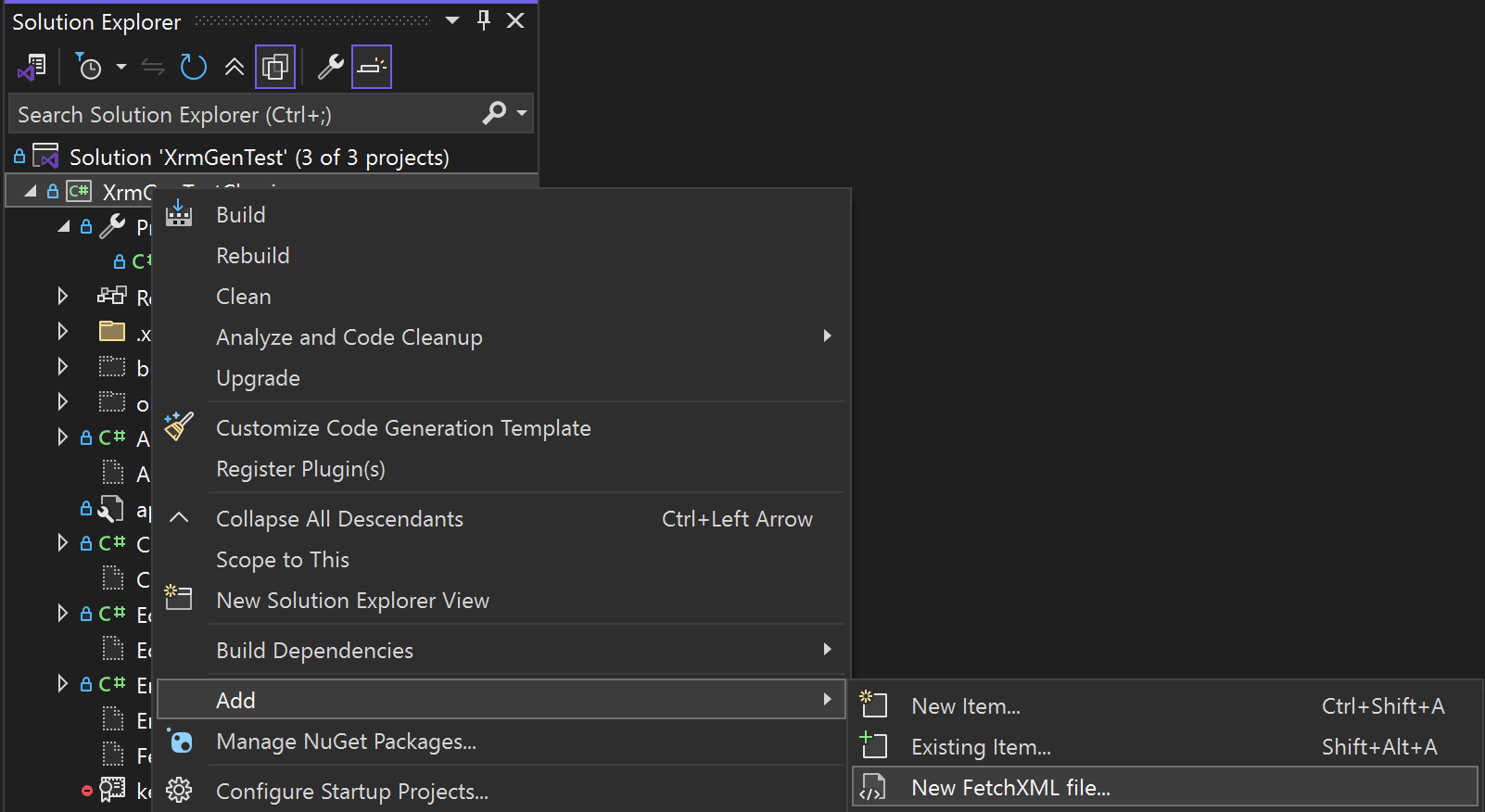 Screenshot of context menu in Solution Explorer where Add and New FetchXml File are highlighted from left to right.